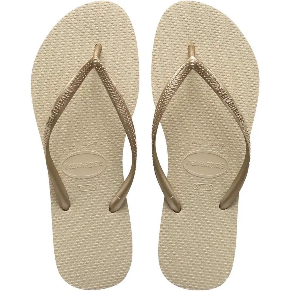 Havainas Women’s Rubber Flip Flops in Metallic Gold/Sand Grey Size 7/8